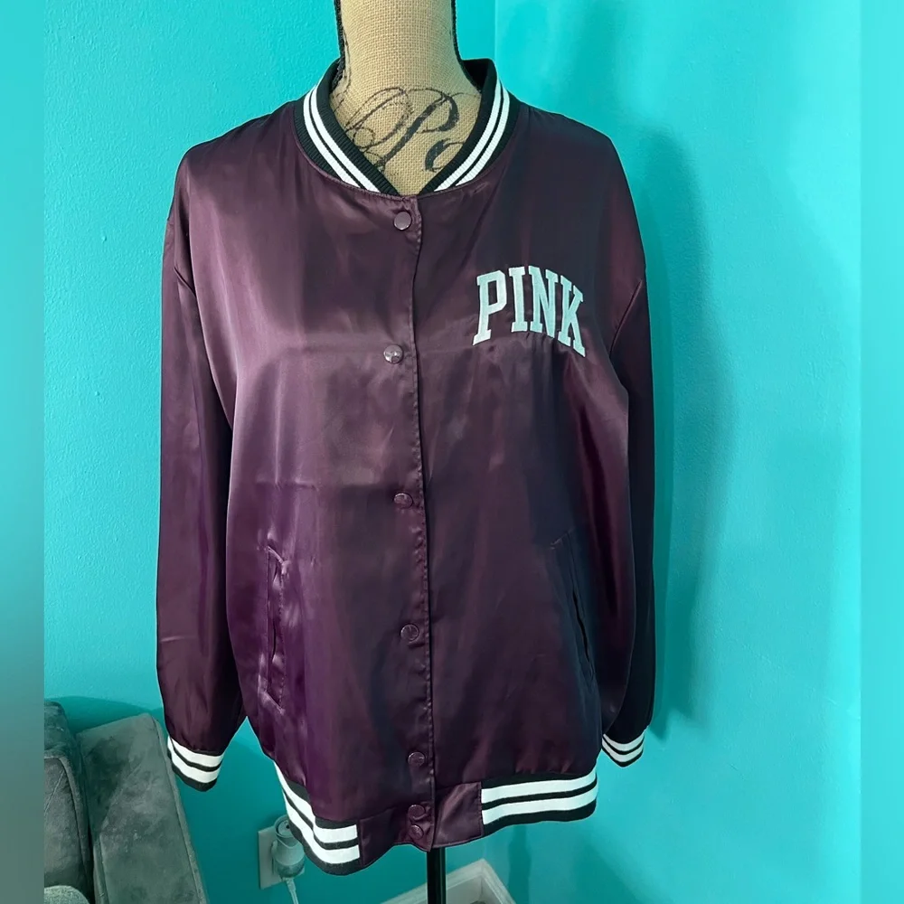 EUC PINK Victoria’s Secret Satiny Button Up Varsity/Baseball Style Jacket